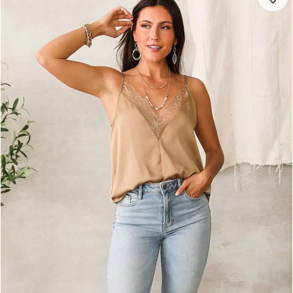 Willow & Root Buckle Satin Elegant Tan Lace Trim Cami Top
